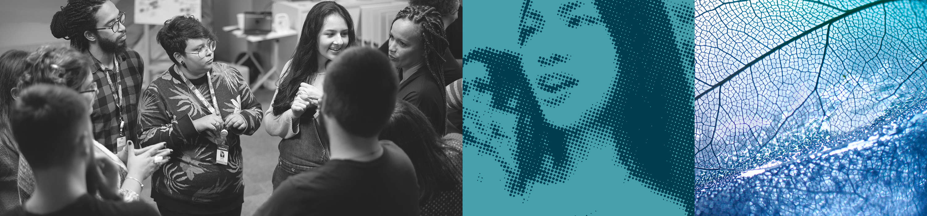 Decorative image panel: black and white photo of a group of Brazilian Thoughtworkers in a stand up, a pixellated image of a woman raising her voice, a close up of a skeletal leaf Decorative image panel: black and white photo of a group of Brazilian Thoughtworkers in a stand up, a pixellated image of a woman raising her voice, a close up of a skeletal leaf